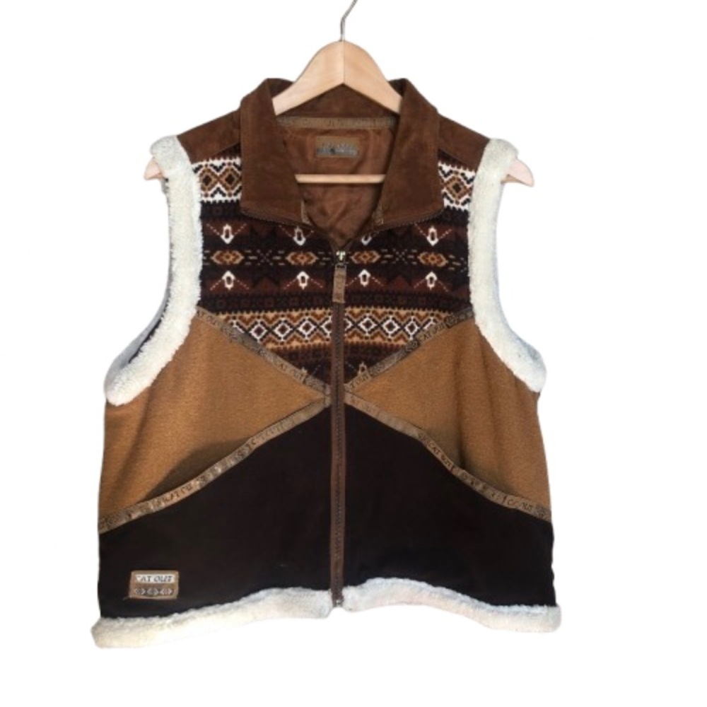 Vintage Suede Leather Southwestern Aztec Patterned Vest Large